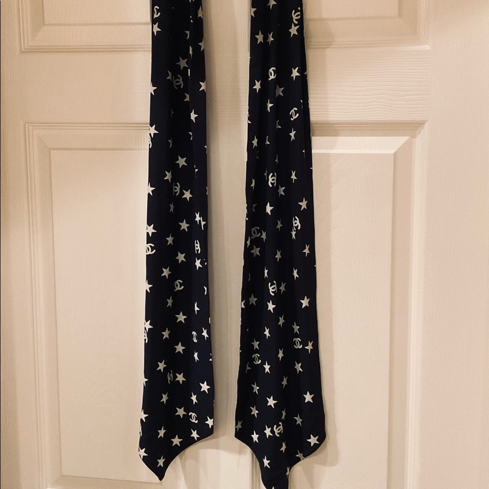 CHANEL Navy and White Silk Star Scarf